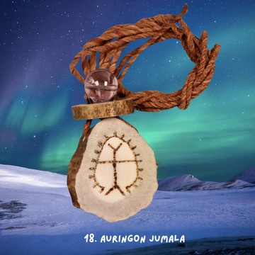 Riipus poronsarvi ja ametisti, kaiverrettu AURINGON JUMALA. 18