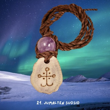 Riipus poronsarvi ja ametisti, kaiverrettu JUMALTEN SUOSIO 21