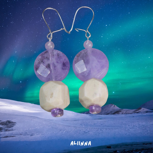 Korvakorut viistehiottu ametisti ja poronsarvihelmi ALIINNA