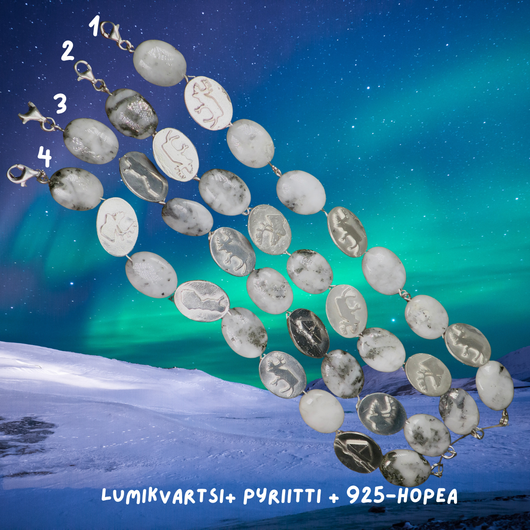 Rannekoru pyriitti kvartsissa Suomikoru, 925-hopealaatat, 18cm