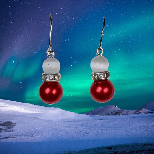 Korvakorut valkoinen kissansilmälasi, punainen helmi zirkonikoristein