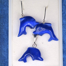 Delfiini kirkkaansininen kissansilmälasia riipus ja korvakorut setti