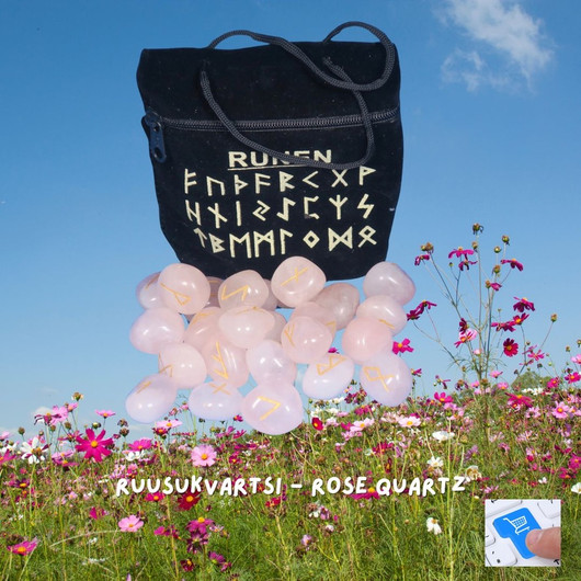 Riimukivet ruusukvartsi, säilytyspussi, ohjeet engl.