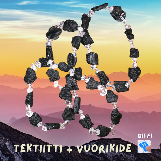 Kaulahelmet raaka musta tektiitti ja vuorikide, pituus 70cm. MIMMI