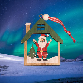 Joulukoriste joulupukki mökissä, vihreä, puuta