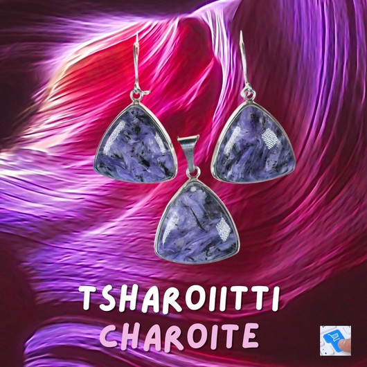 Hopeakorusetti tsharoiitti kolmio korvakorut ja riipus 64set4