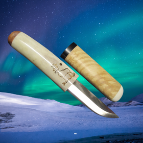 Puukko naisellinen, kahva poronsarvea ja tuppi puuta