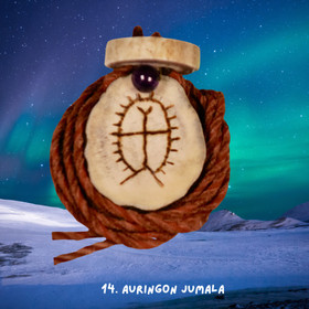 Riipus poronsarvi ja ametisti, kaiverrettu AURINGON JUMALA 14