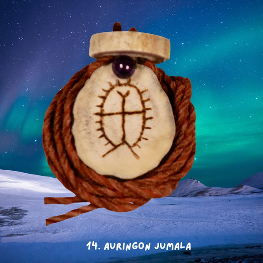Riipus poronsarvi ja ametisti, kaiverrettu AURINGON JUMALA 14