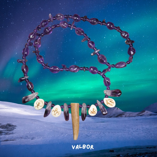 Kaulahelmet tumma kirkas ametisti ja poronsarvea VALBOR 70cm