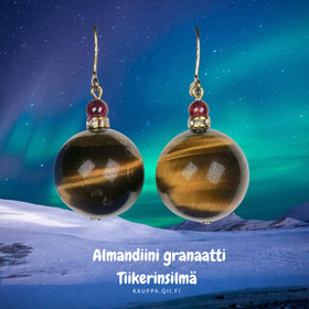 Korvakorut tiikerinsilmä 16mm ja almandiini zirkonikoristein