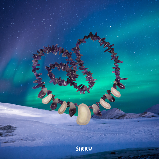 Kaulahelmet ametisti pitkäsipsi ja poronsarvihelmiä 70cm SIRRU