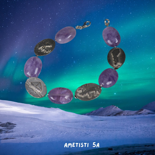 Rannekoru ametisti ja 925-hopealaatat 19cm. Suomikoru 5A