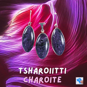 Hopeakorusetti tsharoiitti ovaalit korvakorut ja riipus. 64set2