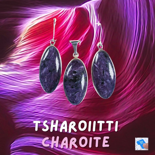 Hopeakorusetti tsharoiitti ovaalit korvakorut ja riipus. 64set2