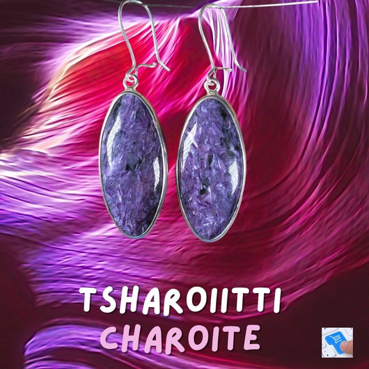 Hopeakorusetti tsharoiitti ovaalit korvakorut ja riipus. 64set2