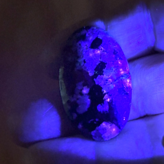 Eudialyytti, fluoresoiva agrelliitti kapussi cabochon dubletti nro 21D