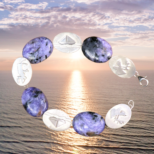 Rannekoru tsharoiitti 925-hopea porot ja purjeveneet 19cm, Suomikoru