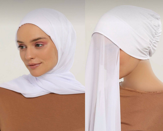شال شيفون مع بونيه ضم - أبيض