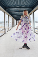 FLOWY- SILKKIMEKKO RUSETTIKAULUKSELLA pitkä, HARMAA KUKKA
