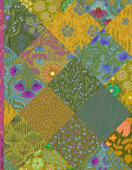 Tilkkutäkki-puuvillasatiini vihreäsävyinen 