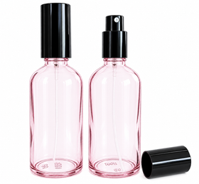 100 ml suihkepullo, vaaleanpunainen lasi, musta korkki