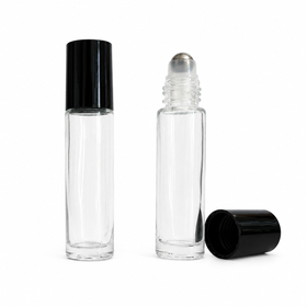 Lasinen roll on -pullo, musta korkki, teräspallo, 10 ml