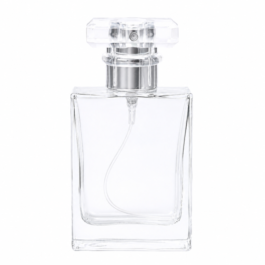 30 ml kulmikas parfyymipullo, läpinäkyvä korkki