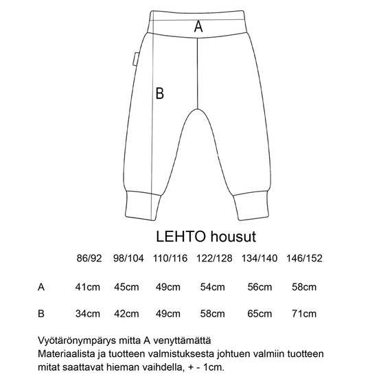 LEHTO housut YÖPÖLLÖT taskuilla / ilman taskuja 86-152cm trikoo 