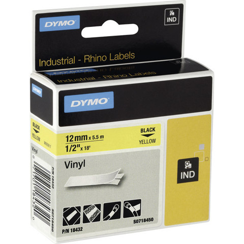 Dymo Rhino 18432 vinyyliteippi 12mm musta/keltainen
