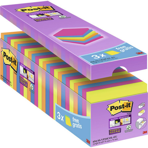 Post-it Super Sticky viestilappu 76x76mm värilajitelma, 1 kpl=24 nidettä