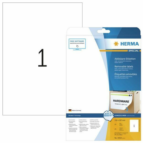 Siirrettävä tarra 10021, 210x297 mm, 1-osainen, 25 arkkia/pakkaus