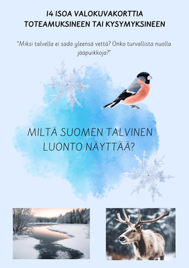 Talvivalokuvia kysymyksineen ja teksteineen
