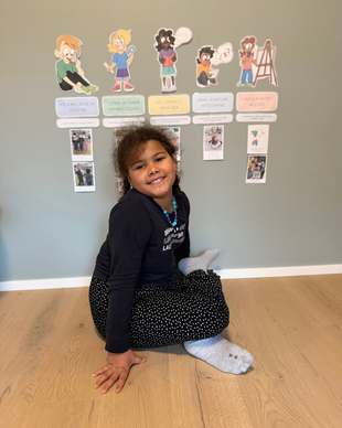 Dokumentointiseinä eskarilaishahmoilla (oppimisen alueineen)