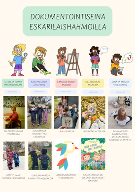 Dokumentointiseinä eskarilaishahmoilla (oppimisen alueineen)