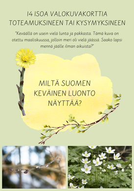 Kevätvalokuvia kysymyksineen ja teksteineen lapsille