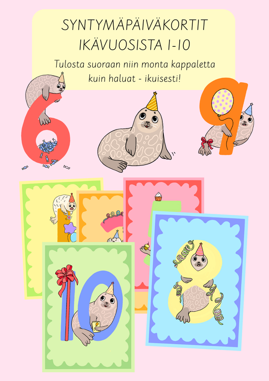 Ihanat norppa-syntymäpäiväkortit ikävuosista 1-10