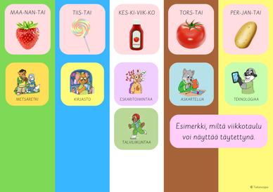 Viikkokalenteri arkipäiville (mansikka, tikkari, ketsuppi...)