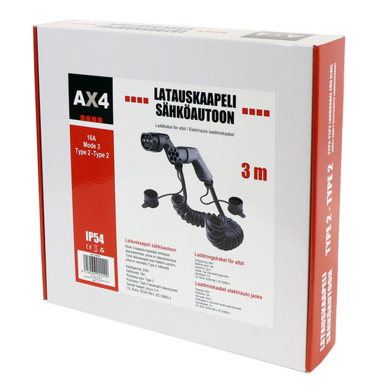 AX4 Sähköauton latauskaapeli spiraali, 16A, Type2, 3m