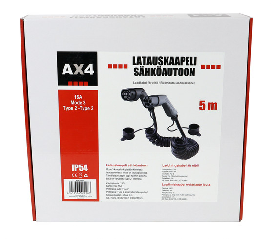 AX4 Sähköauton latauskaapeli spiraali, 16A, type 2, 5m