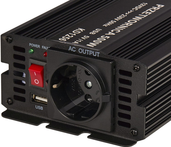 Siniaaltoinvertteri 12V, 500W/1000W + USB 5V/1A, Kraft & Dele