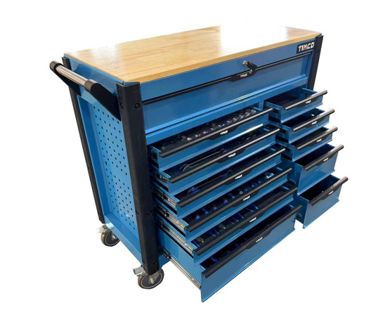 Timco 12ltk 275-os työkaluvaunu työkaluilla, puutaso, sininen