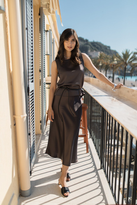 Original Story, Tianna Midi Satin Skirt Dark Chocolate