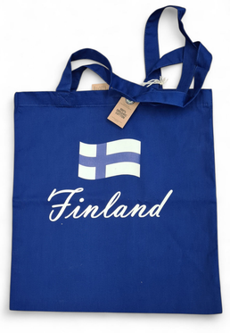 Sininen luomupuuvillakassi – Finland & Suomen lippu
