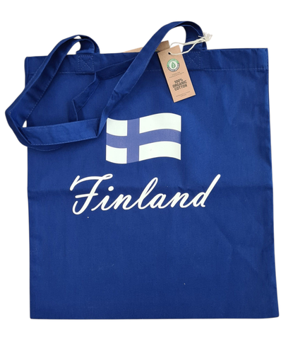 Sininen luomupuuvillakassi – Finland & Suomen lippu