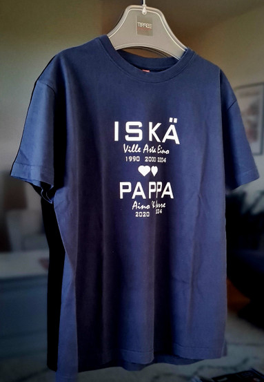 ISÄSTÄ PAPPA ja lasten  ja lastenlasten nimet ja syntymävuodet paitaan.
