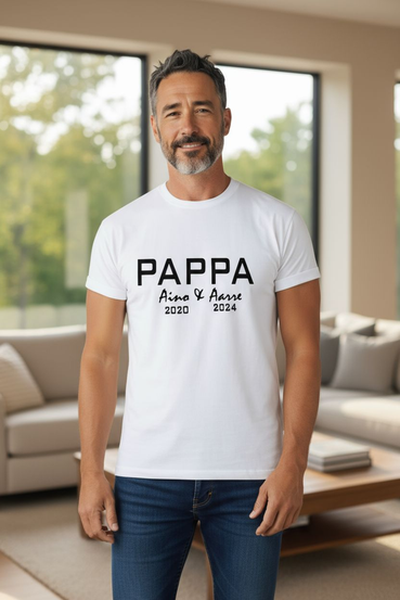 PAPALLE Lastenlasten nimet ja syntymävuodet paitaan.