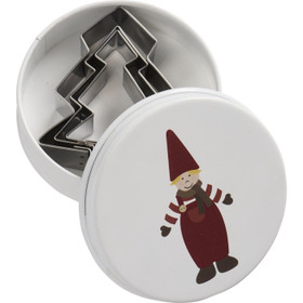 Piparkakkumuotit 3 kpl peltirasiassa, jossa tonttu kannessa