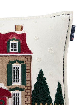 Talo-kuvioinen luomupuuvillasametti tyynynpäällinen 50x50, valkoinen