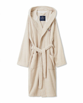 Raidallinen hupullinen kylpytakki luomupuuvillasekoitetta valkoinen/ruskea